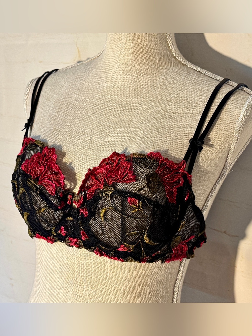 Lise Charmel Bra Sheer Black Lace Balconette Bra Red Floral Embroidery 36 B